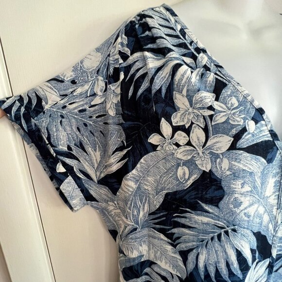 H & M LOGG NAVY BLUE TROPICAL PRINT LINEN BLEND DRESS SIZE LARGE - Picture 6 of 11